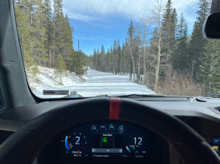 2022 Ford Bronco Raptor driver view in the snow