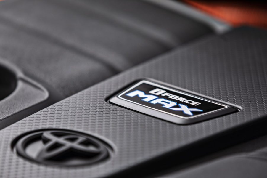 Detail shot of the engine cover of the Toyota Tundra's i-FORCE MAX hybrid V6 turbocharged engine.