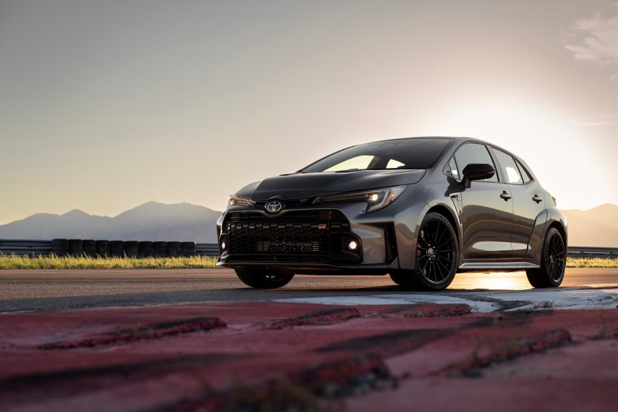 A 2023 Toyota GR Corolla shows off its aggressive hot hatch fascia.