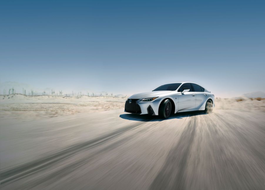 A 2023 Lexus IS 350 F Sport compact executive car in Iridium picture in a desert landscape