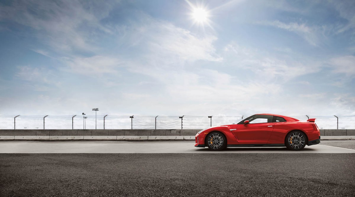 A red 2023 Nissan GT-R parked