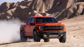 A red Ford Big Raptor truck.