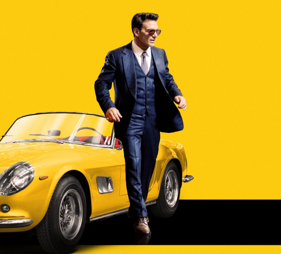 Frank Grillo stands in front of a yellow Ferrari 250 GT California on the poster of the Lamborghini biopic film in which he stars.