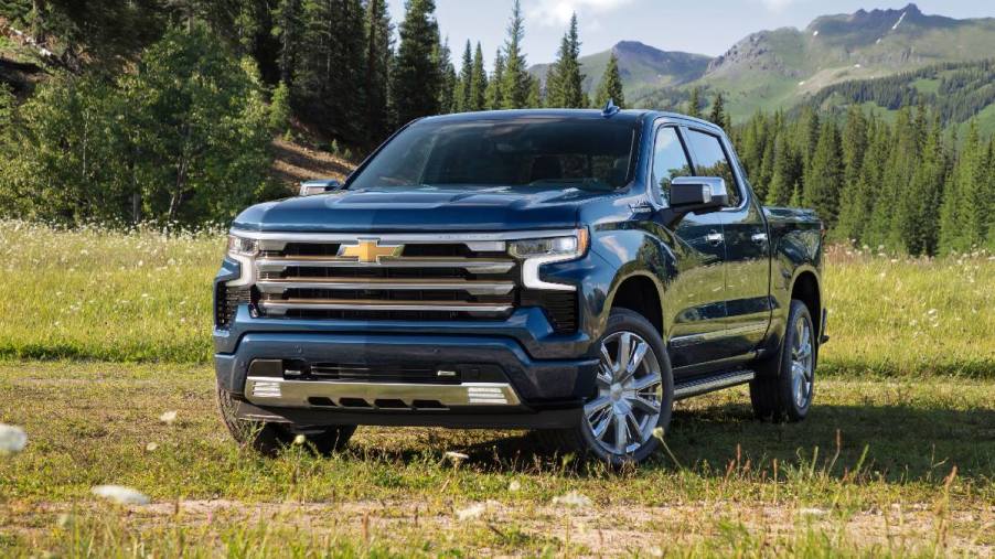 Front angle view of blue 2022 Chevy Silverado 1500, most reliable full-size pickup truck, according to J.D. Power