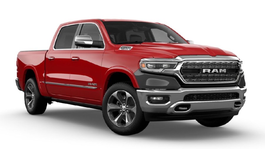 Front angle view of new 2023 Ram 1500 pickup truck with Flame Red exterior paint color