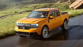 Front angle view of orange 2023 Ford Maverick pickup truck