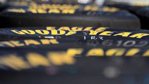 A line of Goodyear racing eagle 18-inch tires for the NASCAR Cup Series Playoff YellaWood 500 in 2022