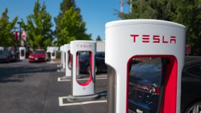 Tesla Superchargers in the parking lot of the Silicon Valley town of Mountain View, California