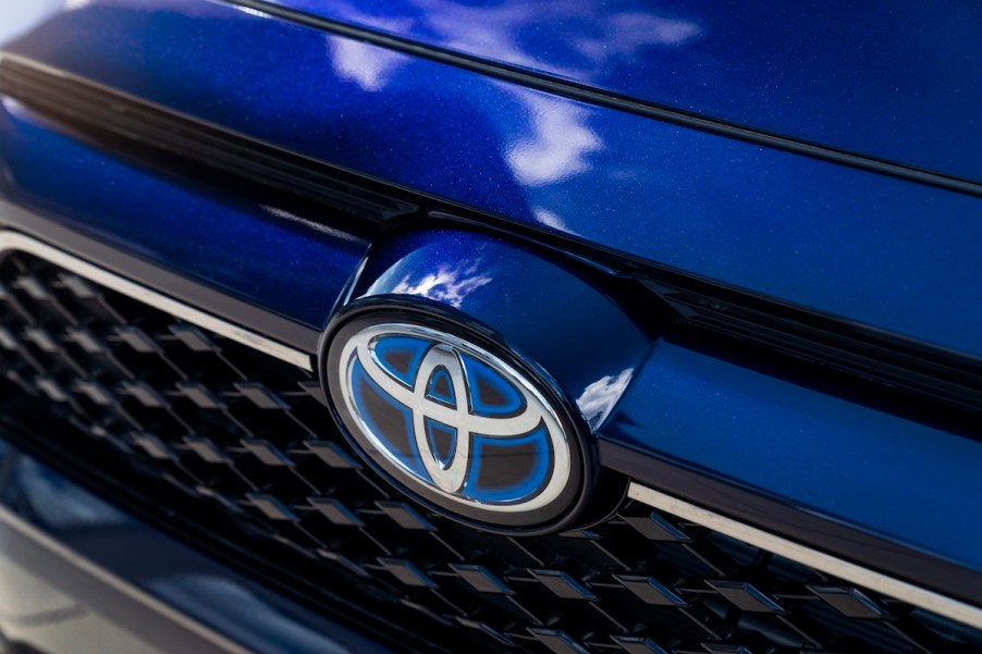 A blue Toyota RAV4 Prime, which is a 2023 Toyota SUV with the best gas mileage.