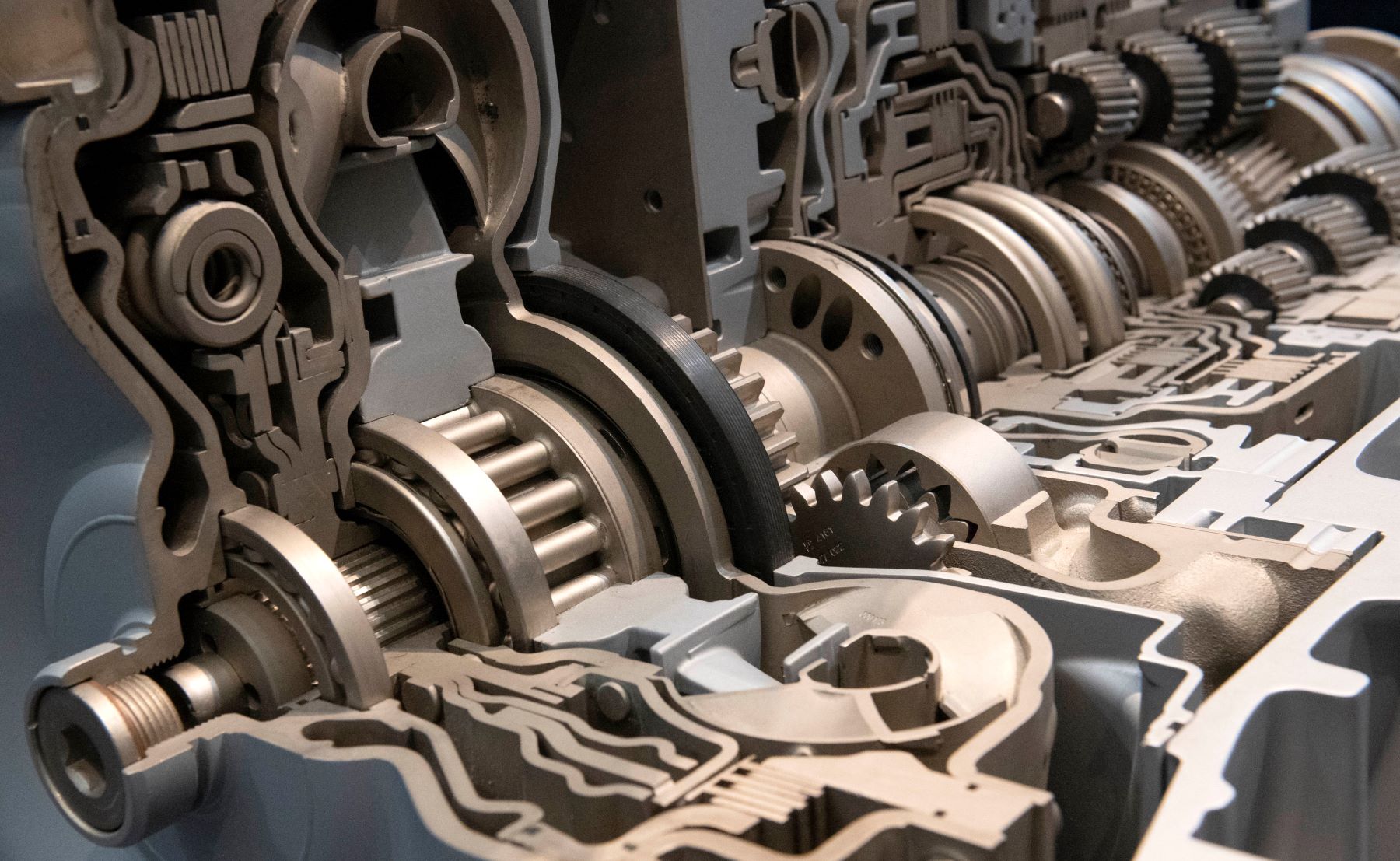 A closeup of a six-gear automatic transmission displayed at ZF Friedrichshafen headquarters in Germany