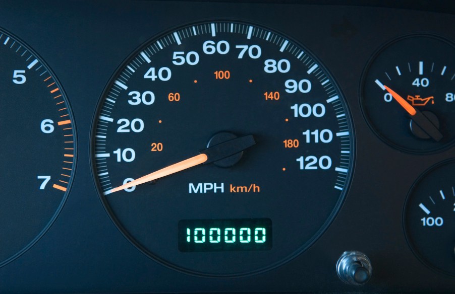 An automobile odometer with 100000 miles shown