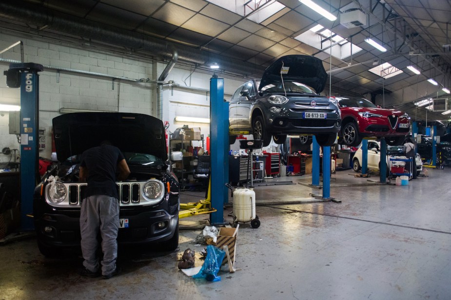 People working on cars that possibly have the most expensive 10-year maintenance. 