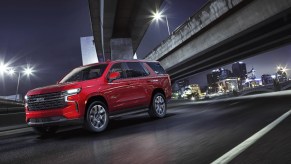 a red Chevy Tahoe