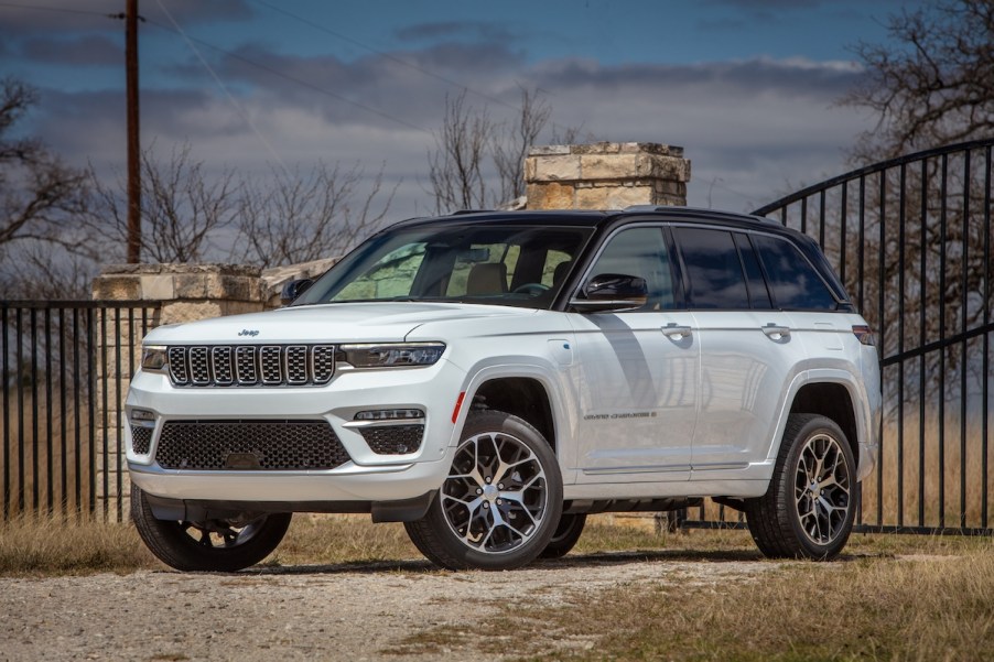 A white 2022 Jeep Grand Cherokee as one of the best midsize 2-row SUVs with the most cargo space