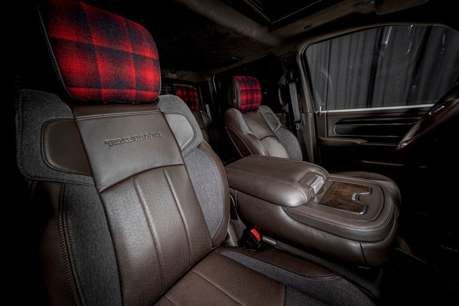 The leather interior of Chris Stapleton's custom Ram 2500 based on the 1979 Dodge Palomino.