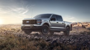 Silver Ford F-150 XL pickup truck parked on a rock pile, blue sky visible over a desert in the background.