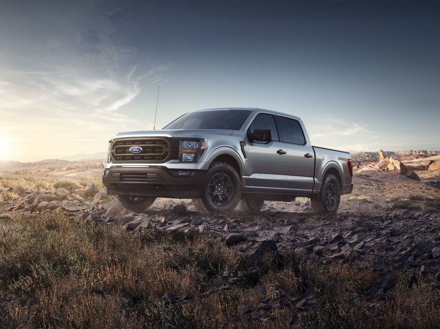 Silver Ford F-150 XL pickup truck parked on a rock pile, blue sky visible over a desert in the background.