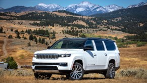 A white Jeep Grand Wagoneer SUV with the biggest cargo space