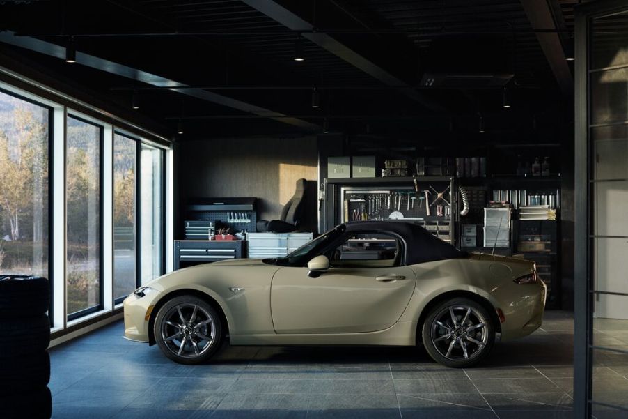 A 2023 Mazda MX-5 Miata in a garage