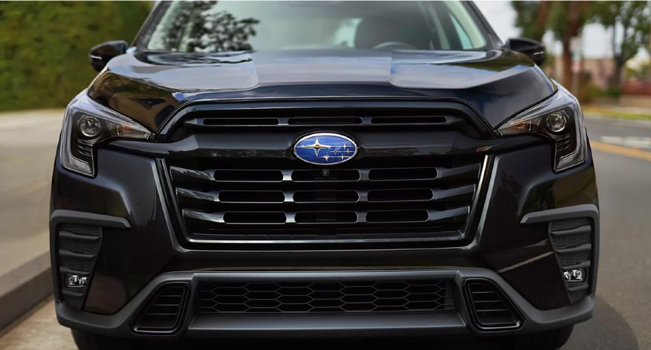 The front of a black 2023 Subaru Ascent midsize SUV. 