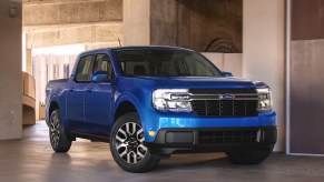 A blue 2023 Ford Maverick small pickup truck.