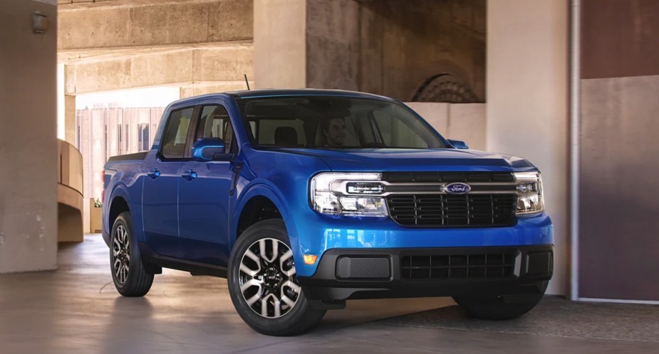 A blue 2023 Ford Maverick small pickup truck.