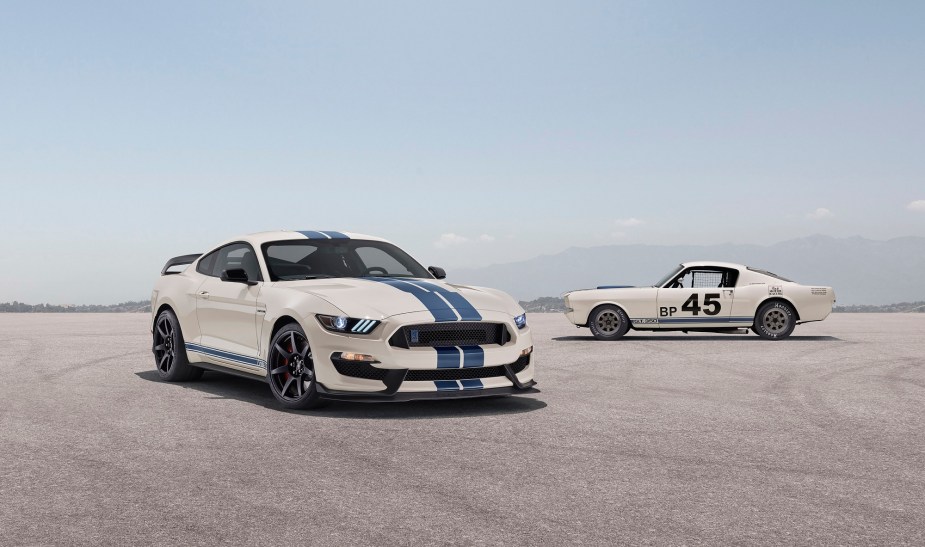 The Shelby GT350, like this one, and the new 500-horsepower Ford Mustang Dark Horse have 100 horsepower per liter. 