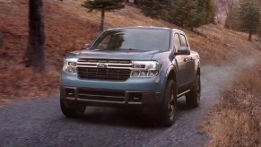 Front angle view of blue 2023 Ford Maverick pickup truck