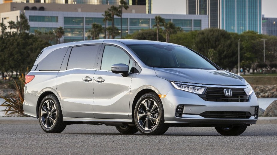 Front angle view of silver 2023 Honda Odyssey minivan