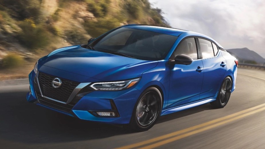 Front view of blue 2023 Nissan Sentra, a small car no longer recommended by Consumer Reports 