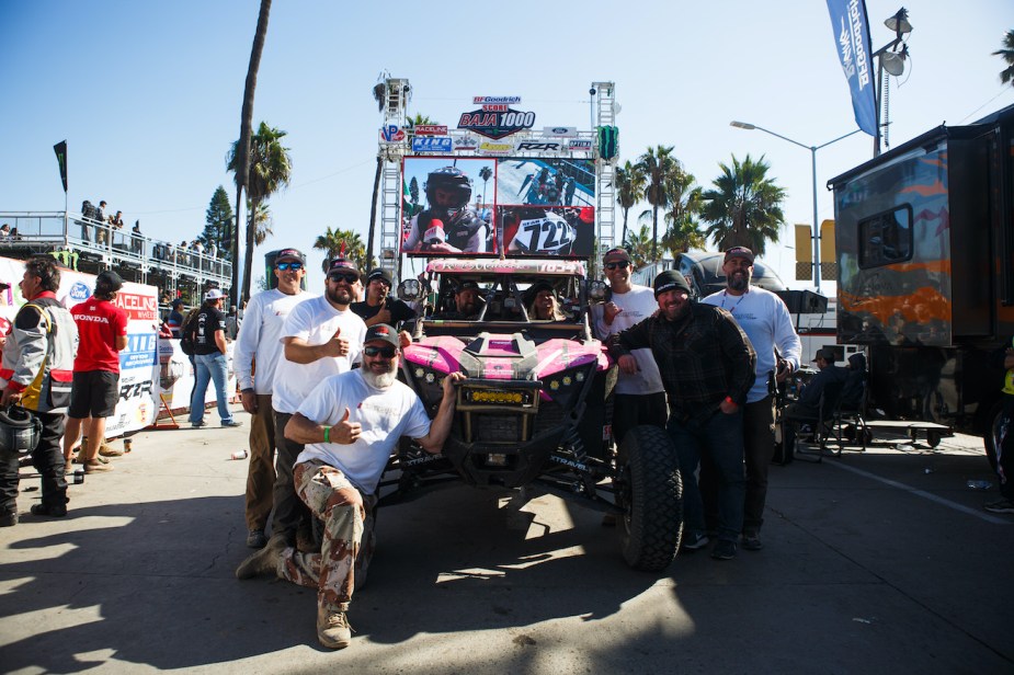 Kristen Matlock's car at the finish line with the race team.