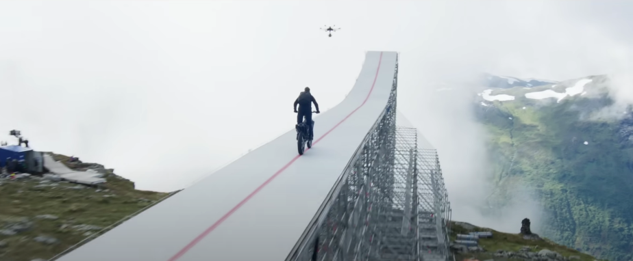 The view of a ramp on set of Mission Impossible Dead Reckoning Tom Cruise is using to jump a motorcycle off of a cliff.