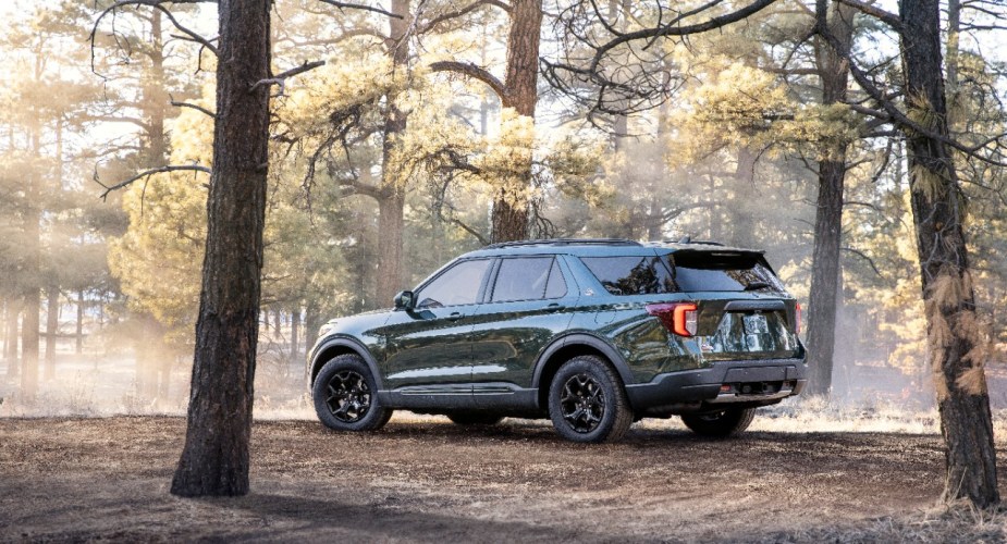 a 2020 Ford Explorer Timberline version int he woods