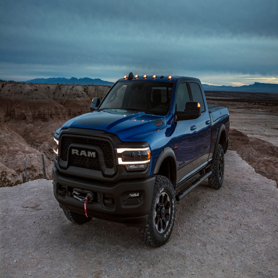 A blue RAM HD truck parked outdoors.