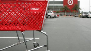 Target building and cart, where you can charge an electric car at Target.