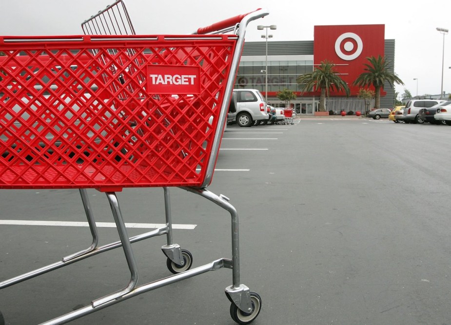 Target building and cart, where you can charge an electric car at Target.