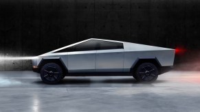 A gray Tesla Cybertruck electric pickup truck is parked.