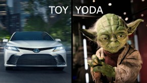 White Toyota Camry and life-size Yoda, highlighting Hooters waitress tricked into winning toy Yoda, not Toyota in contest