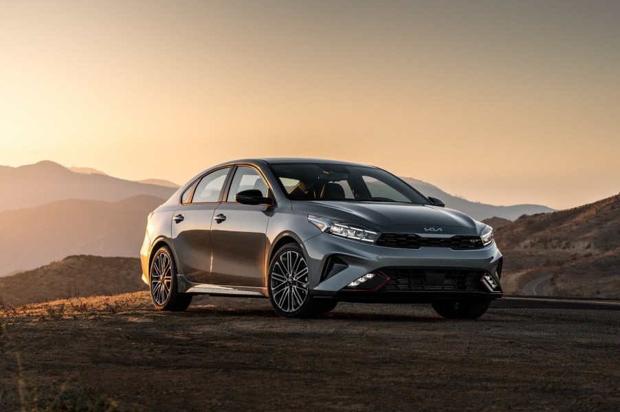 A new Kia Forte shows off its aggressive styling for a cheap car, which is much more aggressive than the 2022 Kia Rio.