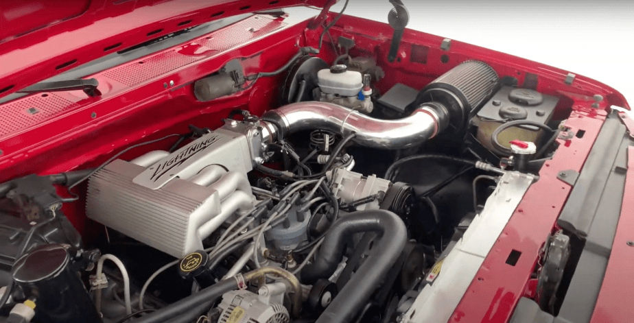 Closeup of the motor of a Ford Lightning pickup truck.