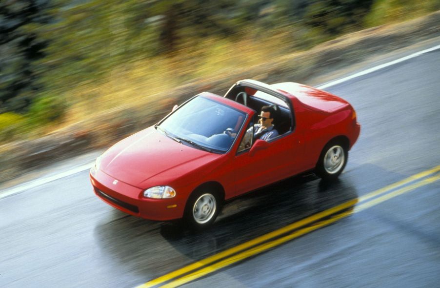 An overhead shot of a red 1995 Honda Civic Del Sol VTEC convertible model