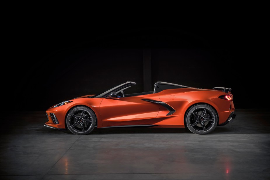 A C8 Chevrolet Corvette Stingray shows off its hardtop convertible.