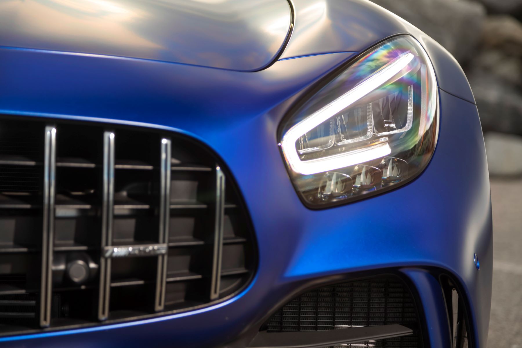 2020 Mercedes-Benz Mercedes-AMG GT R roadster closeup of grille and headlights. One of the least realizable car makers 