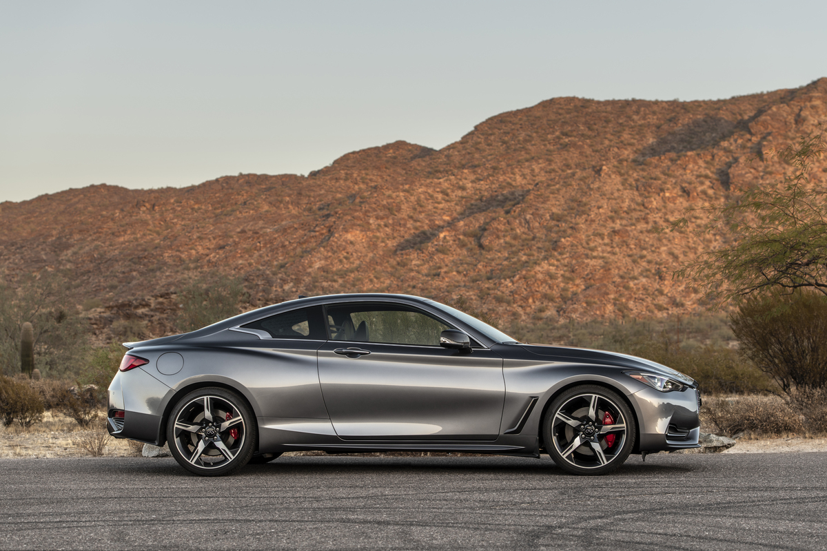 A gray 2021 Infiniti Q60 on display.