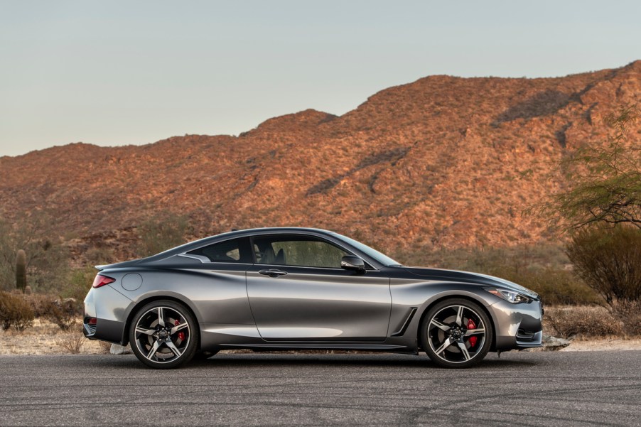 A gray 2021 Infiniti Q60 on display.