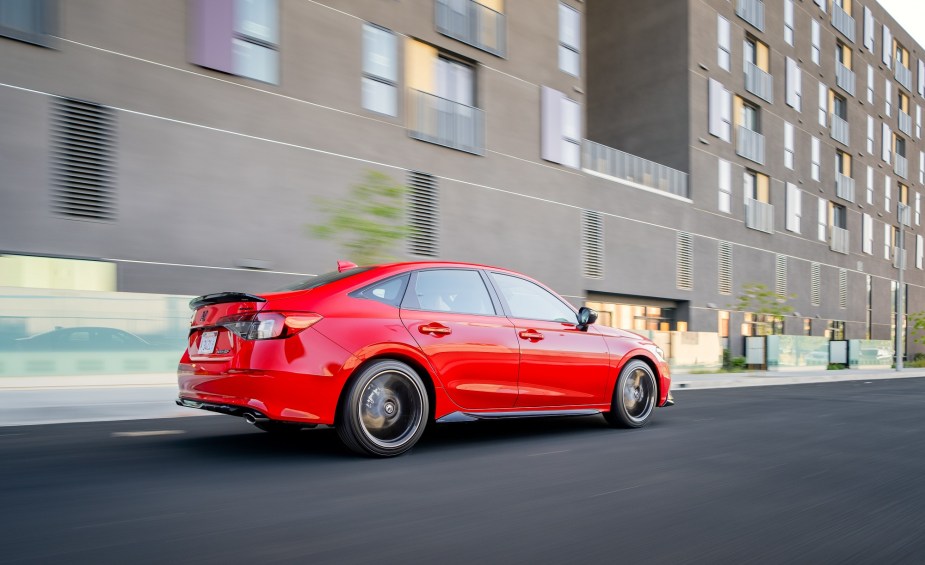 A 2022 Honda Civic Sport shows off its wider all-season tires, like the Si trim.