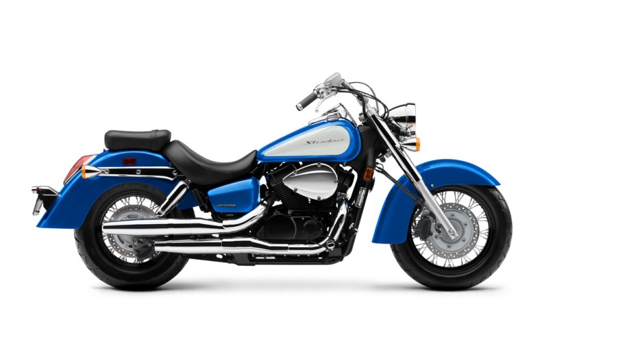 A blue 2022 Honda Shadow in a white room.