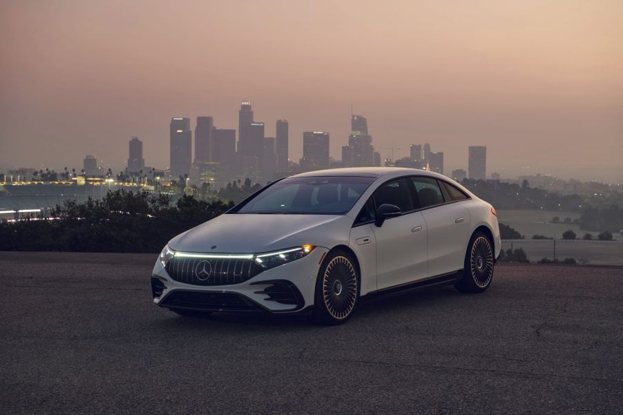 A white 2022 Mercedes-Benz AMG EQS all-electric luxury sedan model