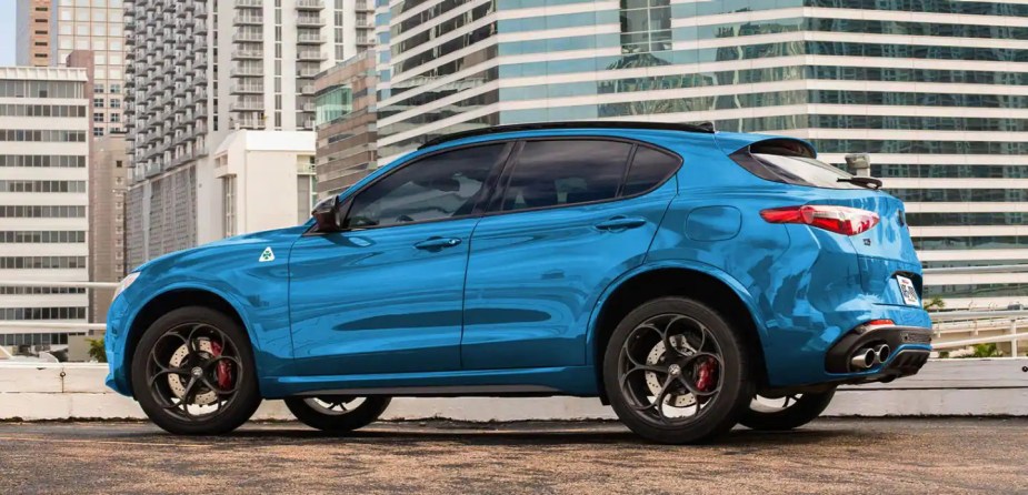 A blue 2023 Alfa Romeo Stelvio Quadrifoglio luxury crossover costs over $85,000