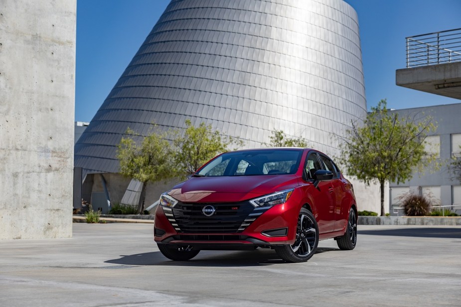 A 2023 Nissan Versa shows off its post-2022 design refresh while maintaining its status as a cheap car. 